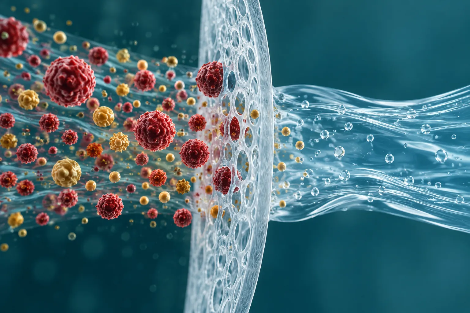 Abstract filtration pathway with particles crossing a translucent filter