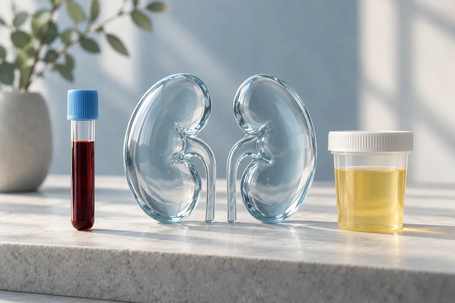 Abstract kidney forms with generic blood and urine sample containers