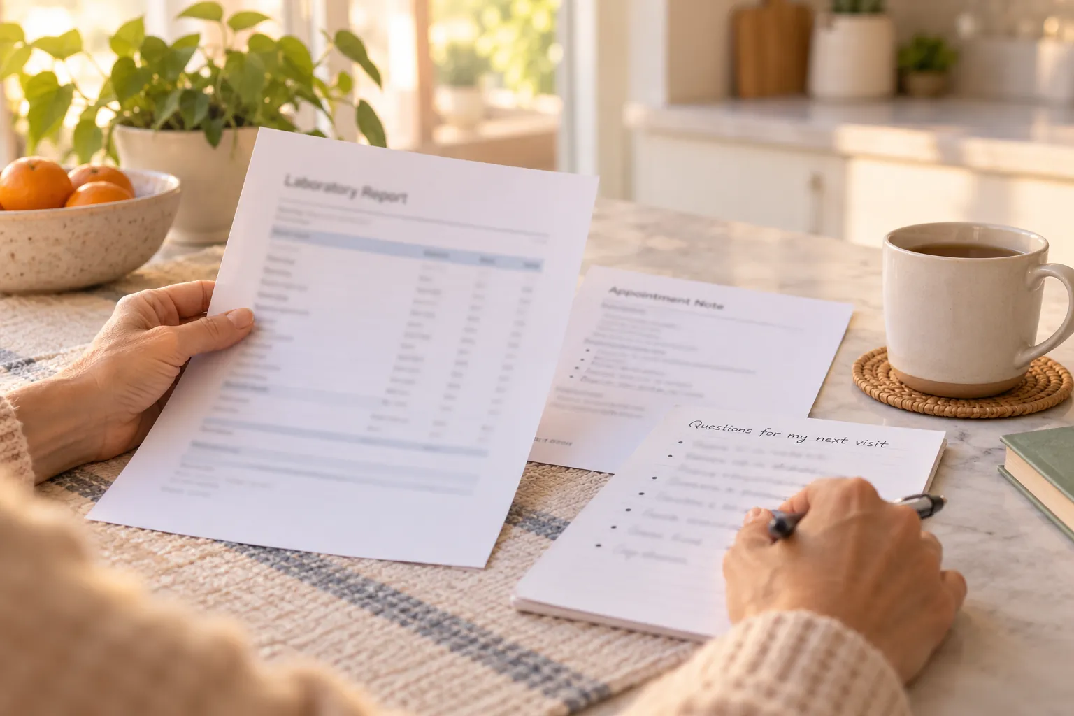 Adult hands organising a generic report and questions at a kitchen table