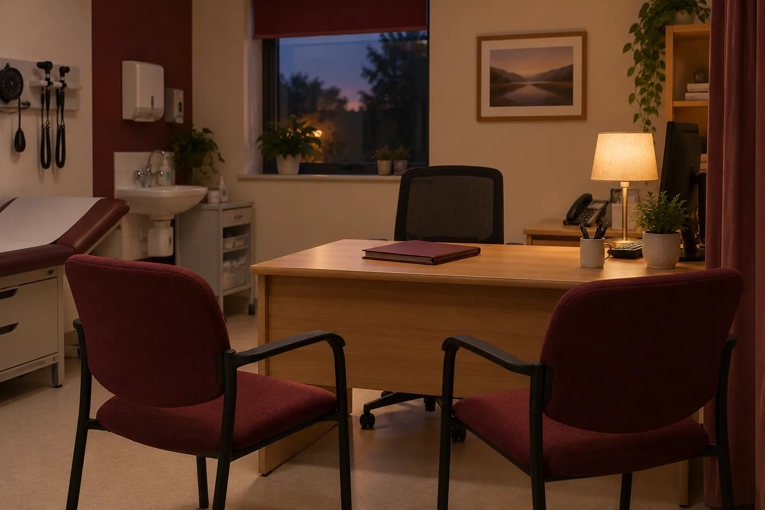 Empty UK consultation room prepared for a kidney test discussion