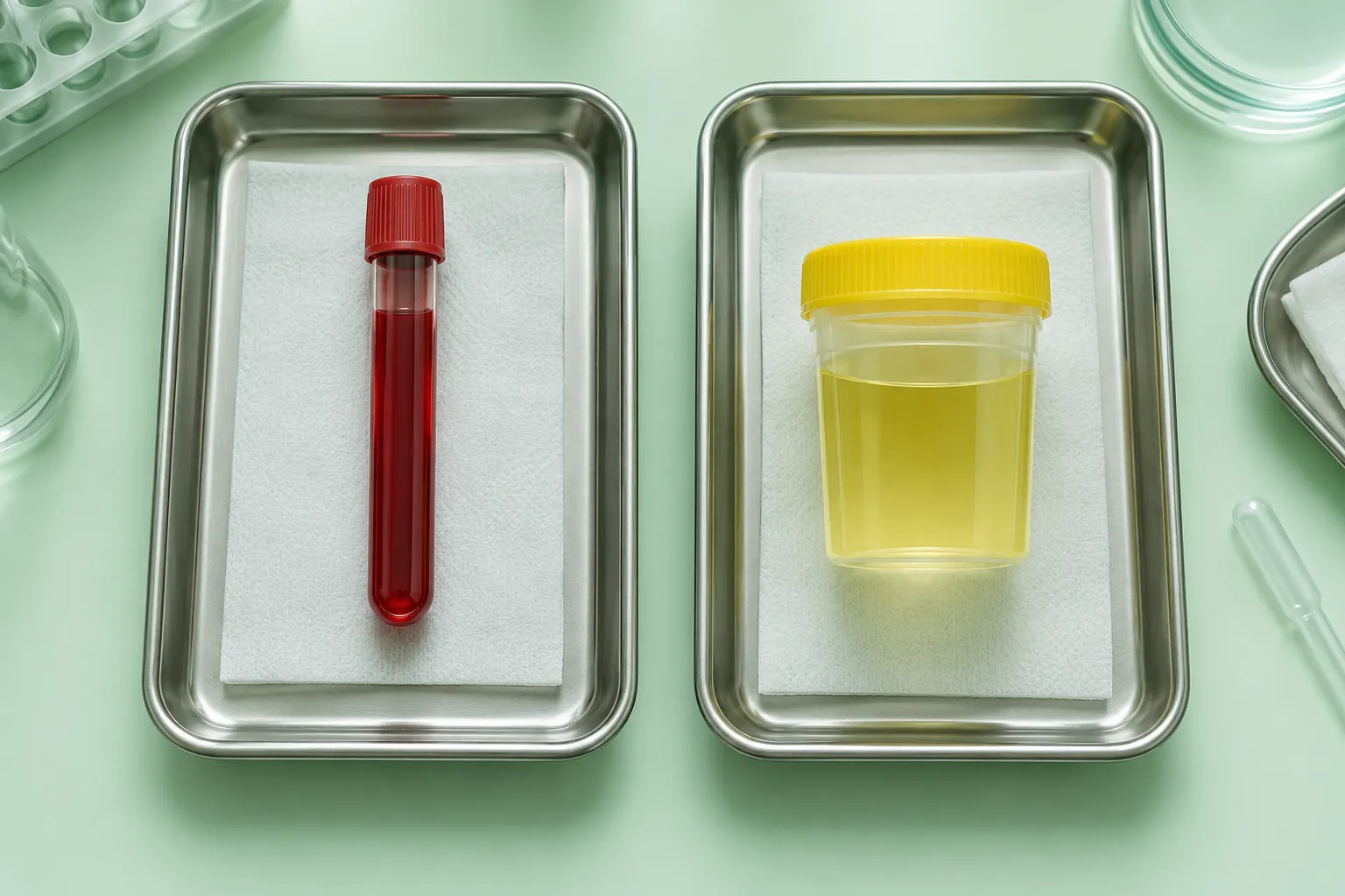 Generic blood tube and urine cup on separate laboratory trays