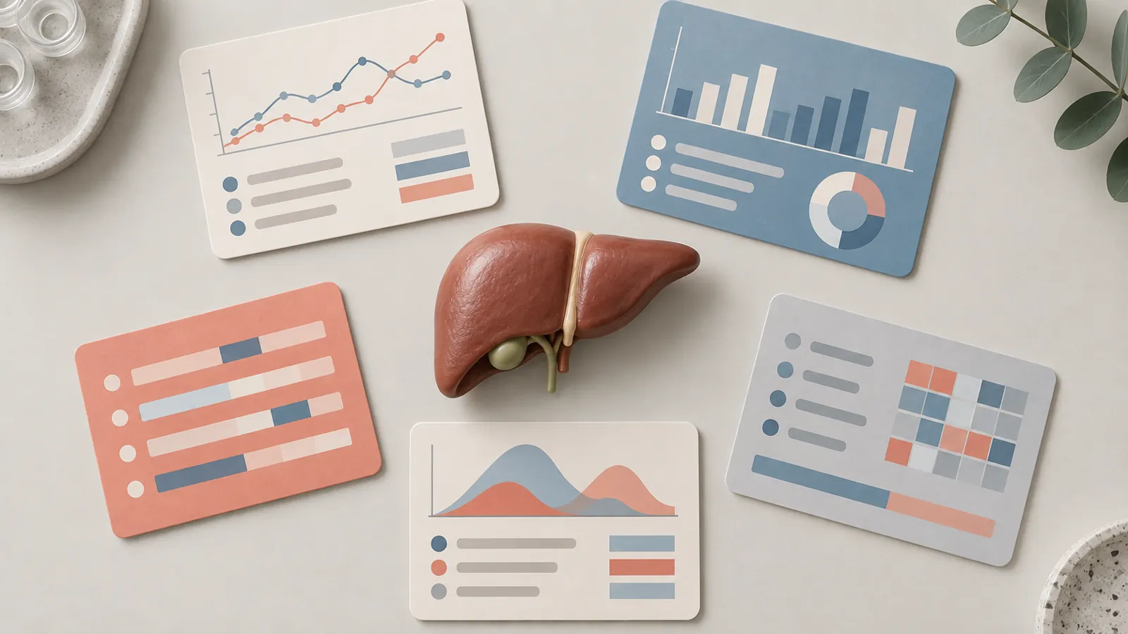 Abstract laboratory result cards arranged around a liver model