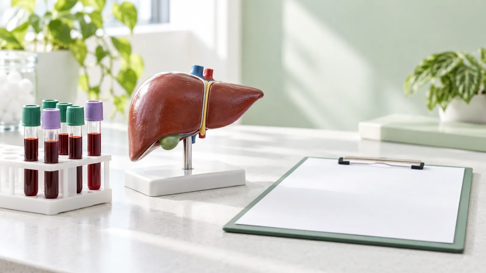 Unlabelled sample tubes, blank report and liver model in daylight