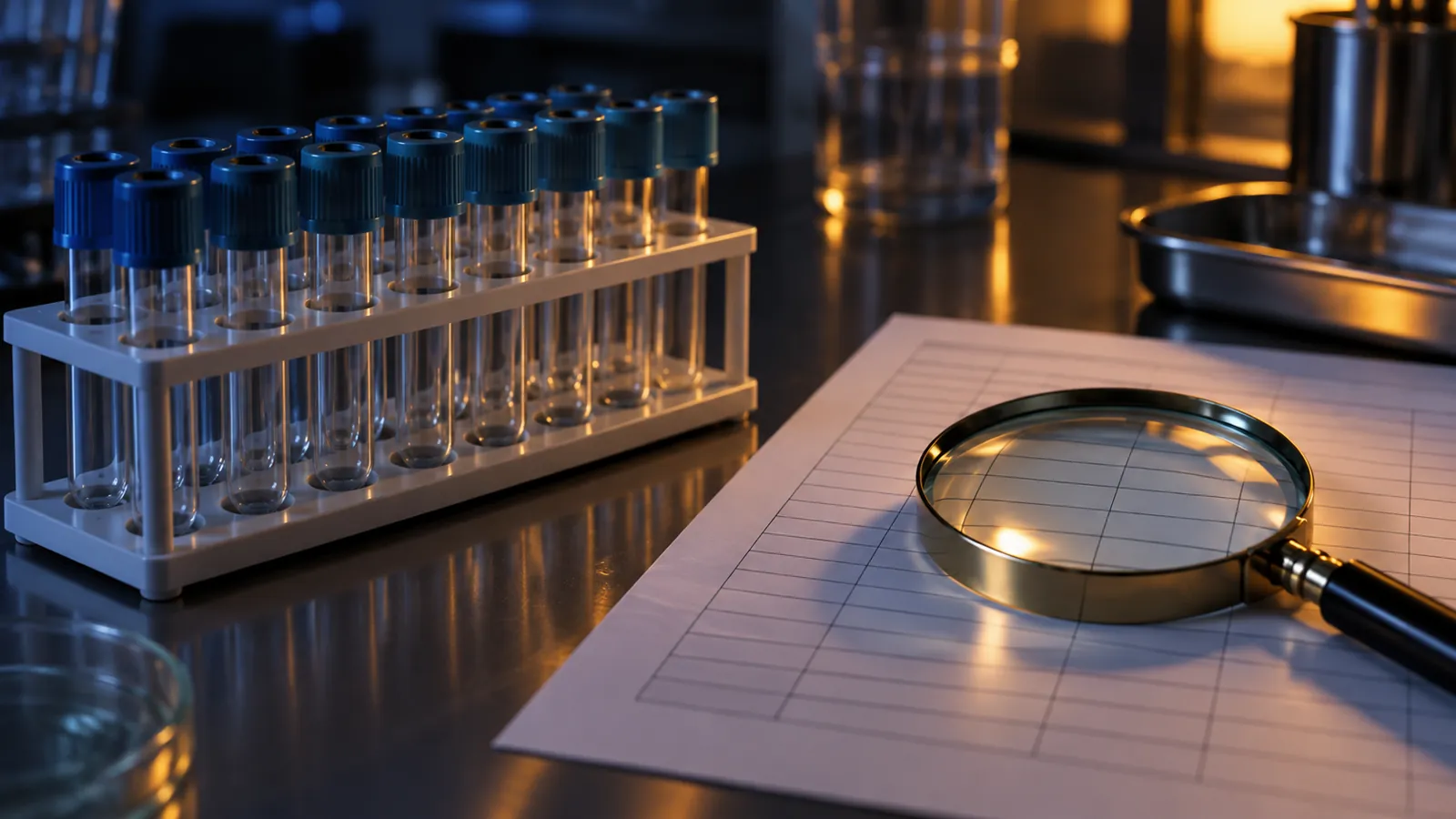 Unlabelled tube rack and blank range sheet under a magnifying glass