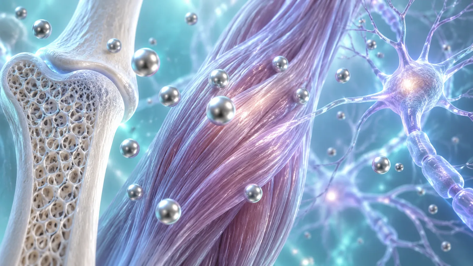 Abstract magnesium ions among stylised bone, muscle and nerve forms