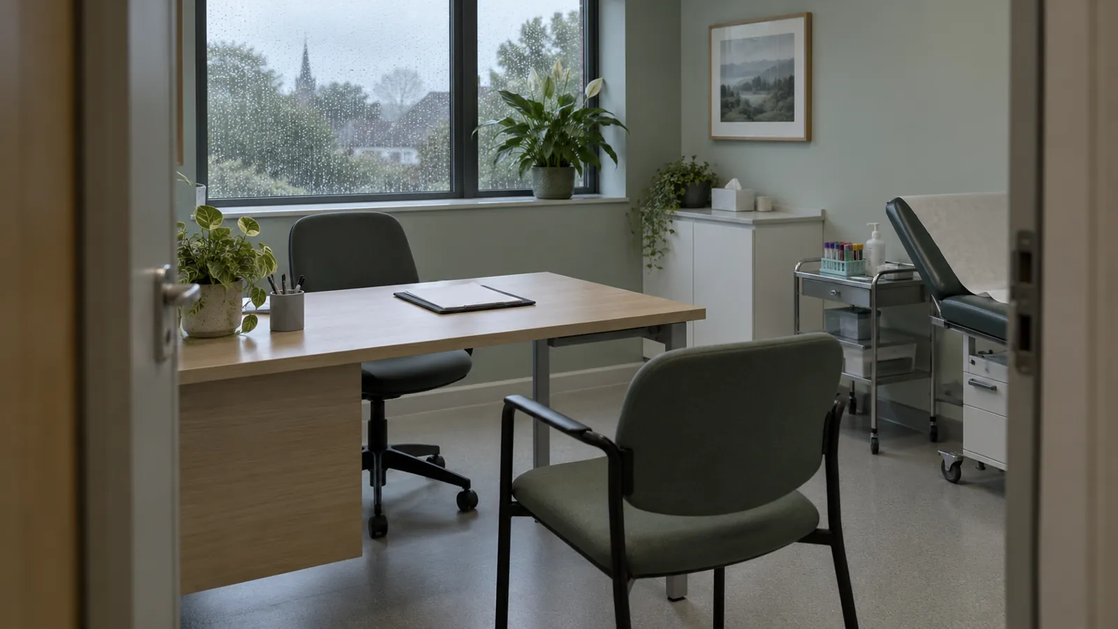 Empty UK consultation room prepared for a blood test discussion