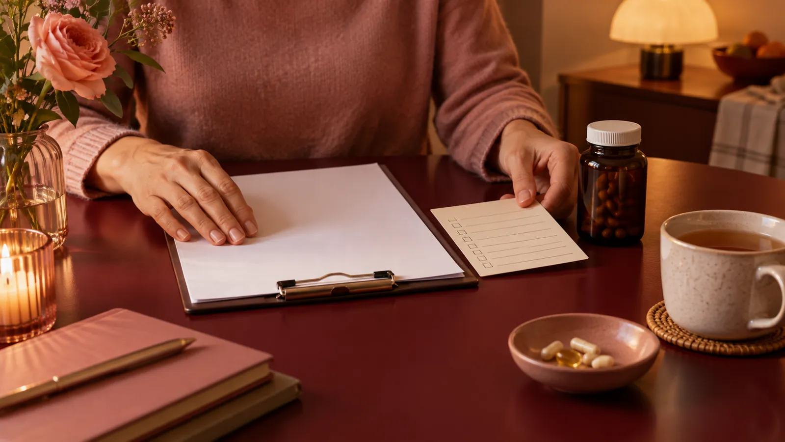 Hands organising a blank report, medicine list and supplement bottle