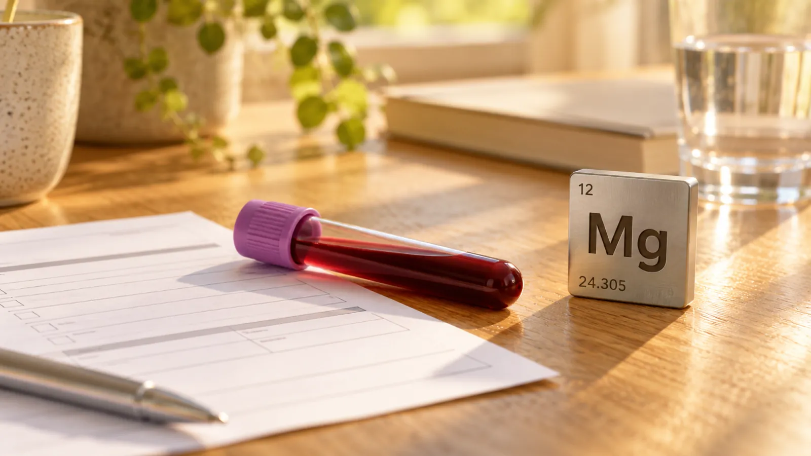Unlabelled blood tube and blank laboratory form in warm daylight