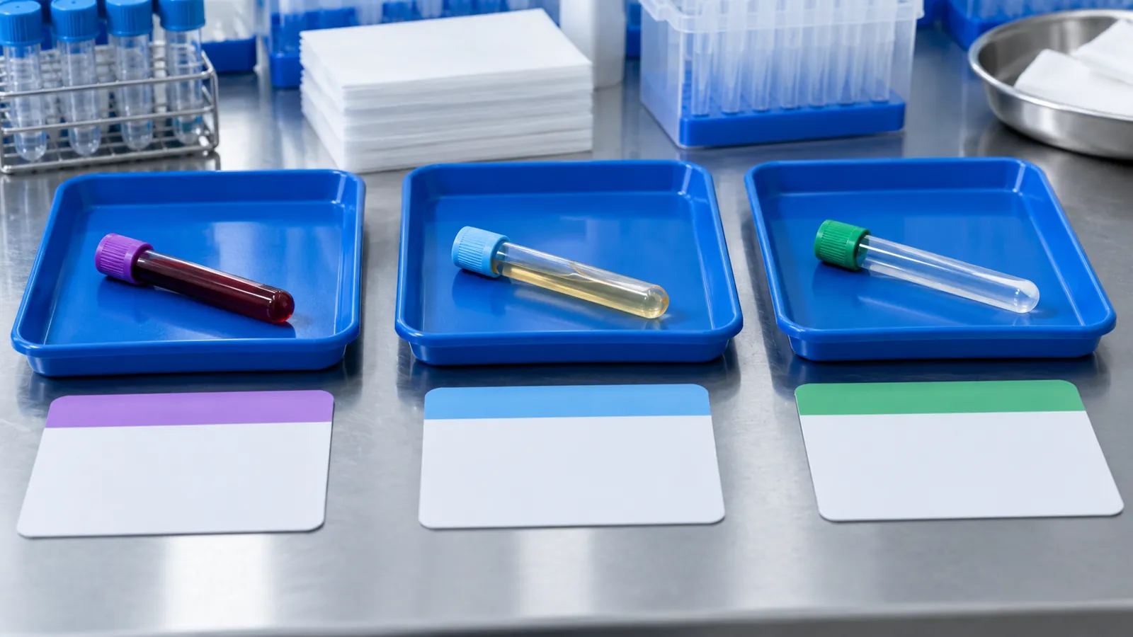 Unlabelled sample tubes and blank result cards on laboratory trays