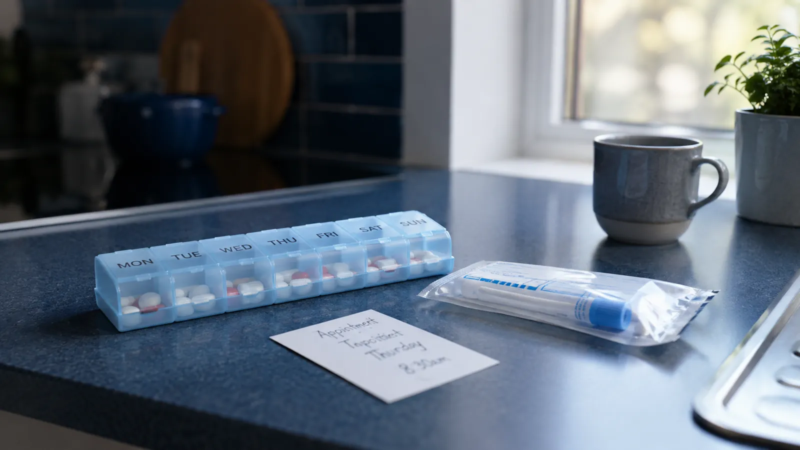 Medicine organiser and sealed home test kit on a cool blue counter