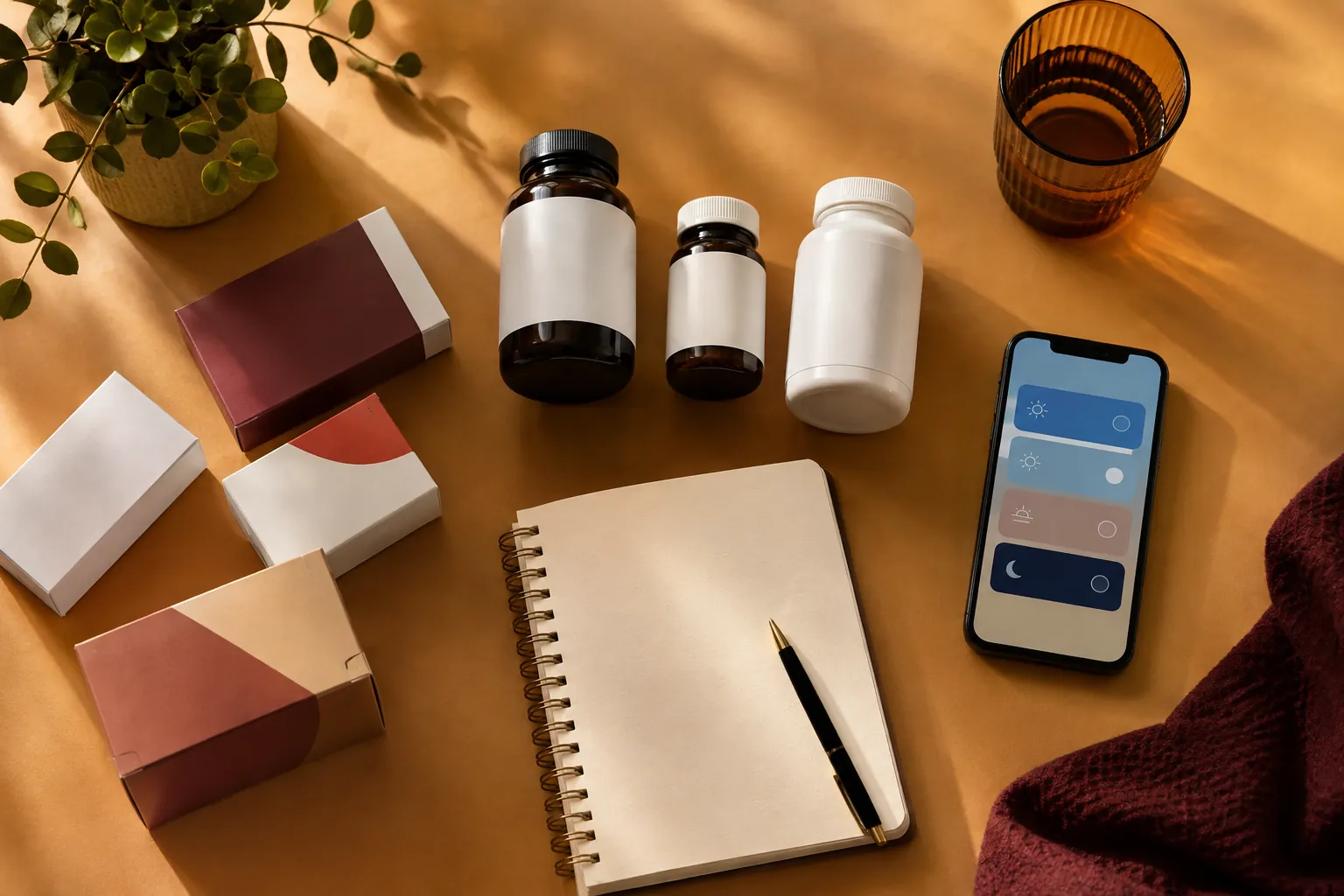 Medicines supplements notebook and phone reminder in warm light