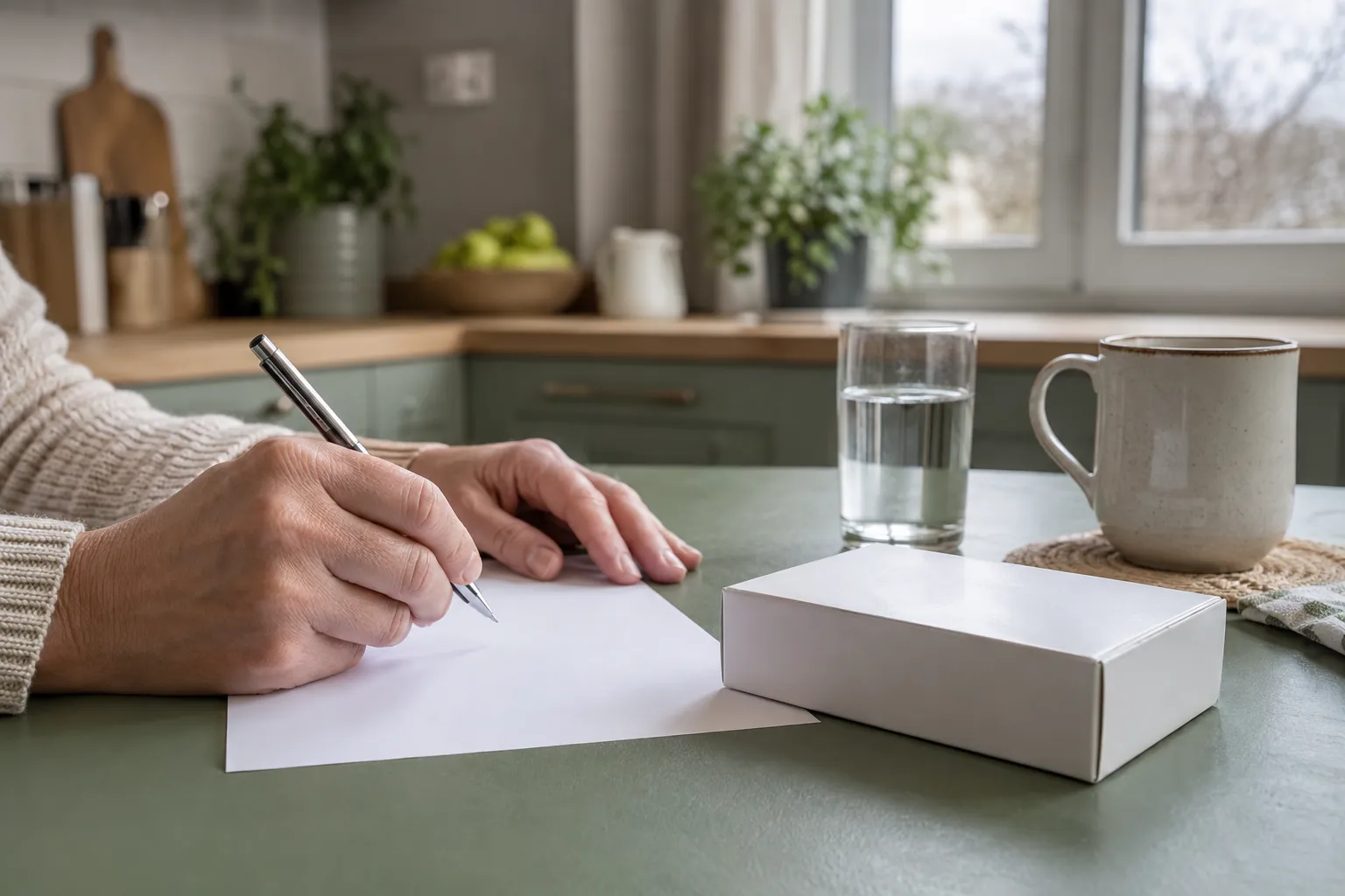 Person writing a medicine list beside a sealed finger-prick kit