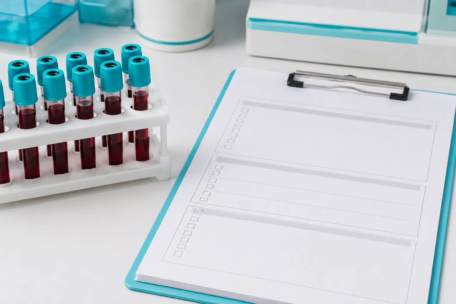 Laboratory sample rack beside a blank request form