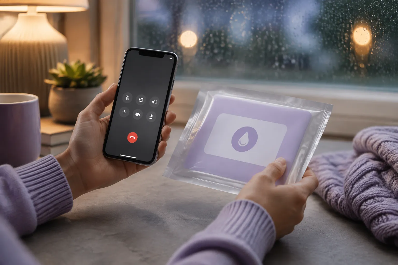 Phone call to a testing service beside a sealed home test kit