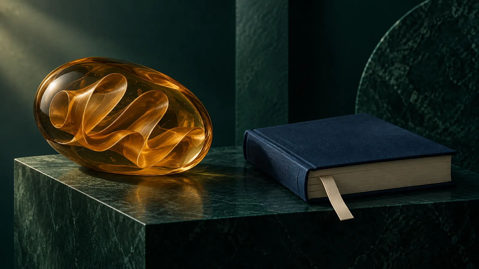 Abstract amber vessel and closed research book on a dark teal plinth, illustrating biology and evidence