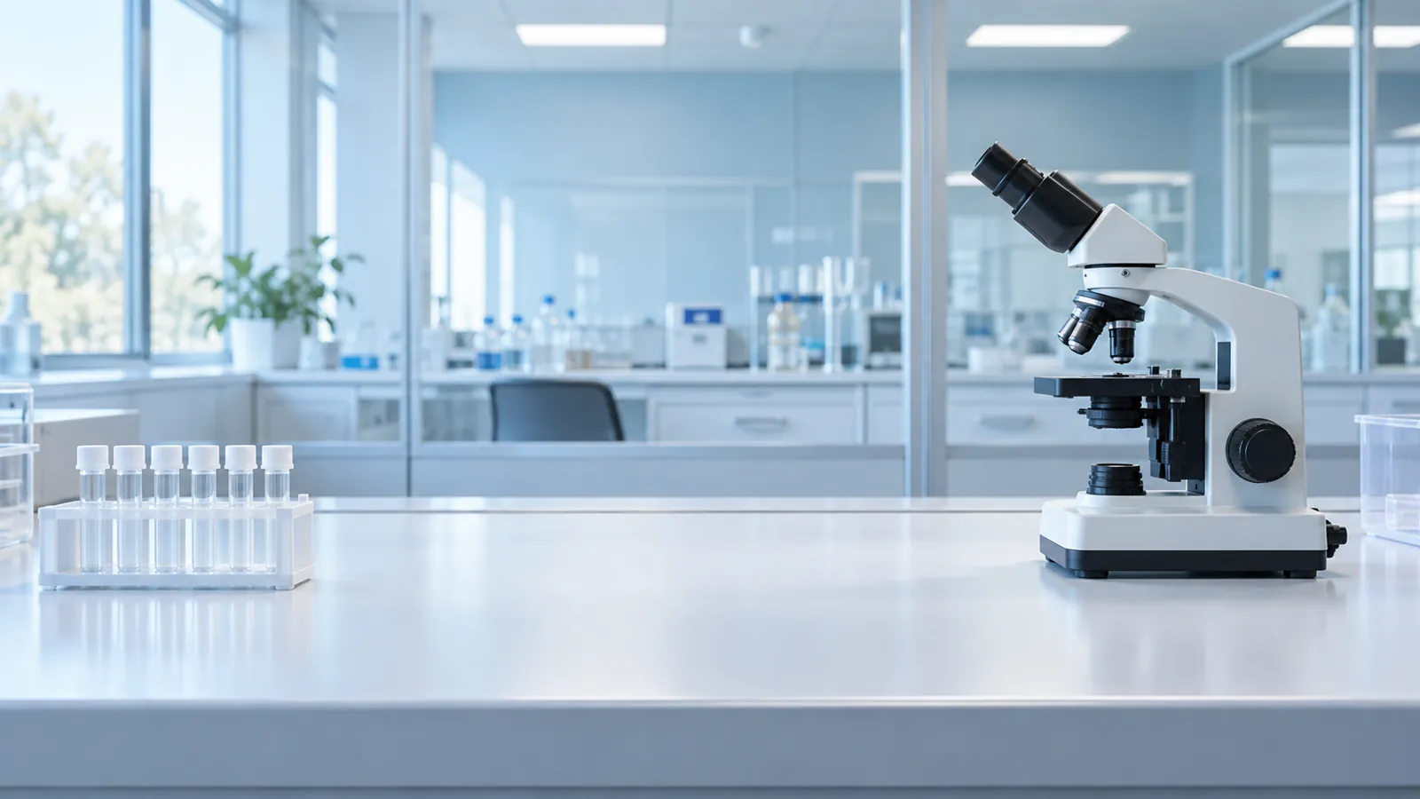 Illustrative empty laboratory bench with a microscope and clear capped tubes, not a mescreen™ facility