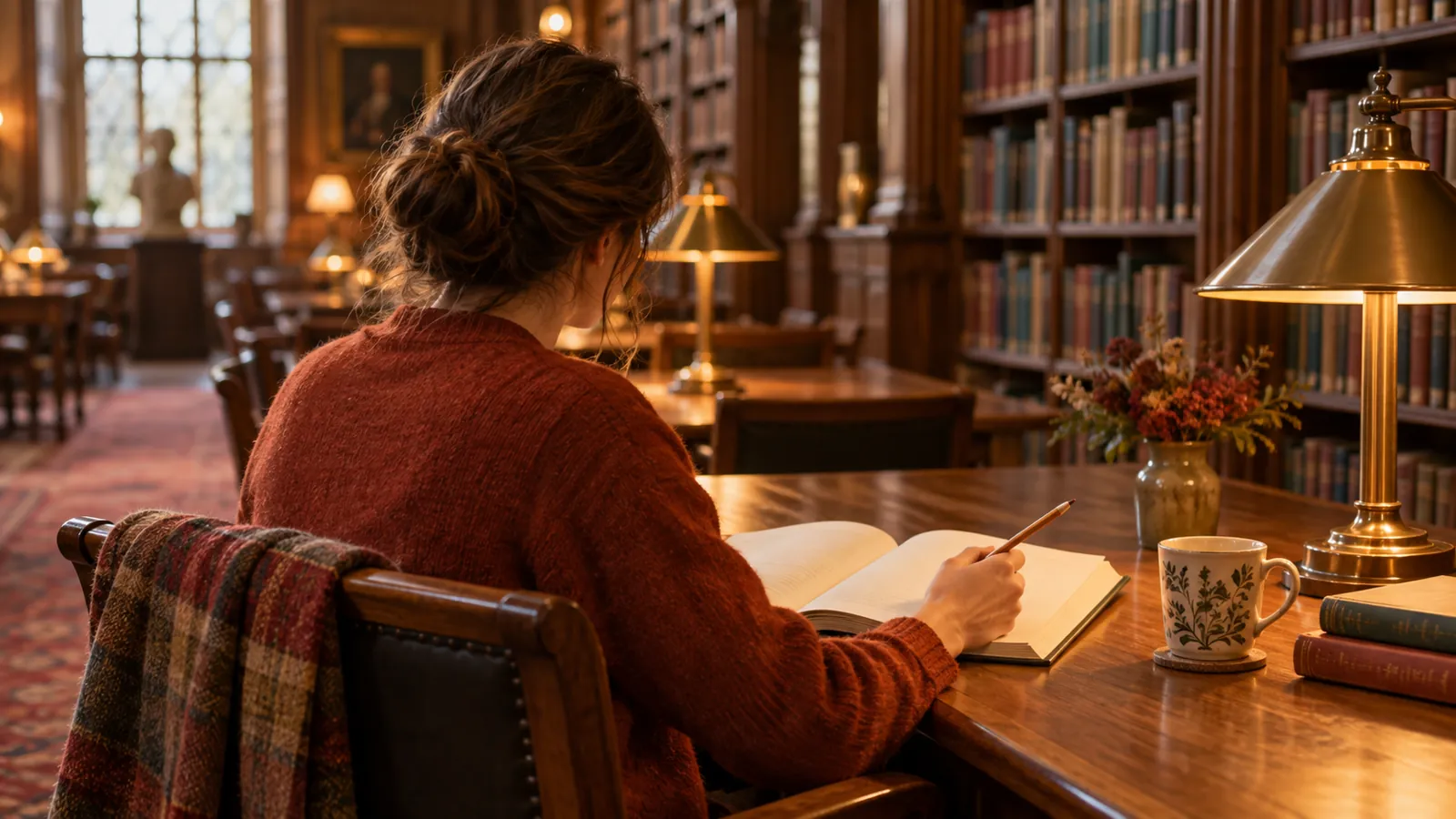 Illustrative reader studying a book at a warmly lit library table, not a patient story