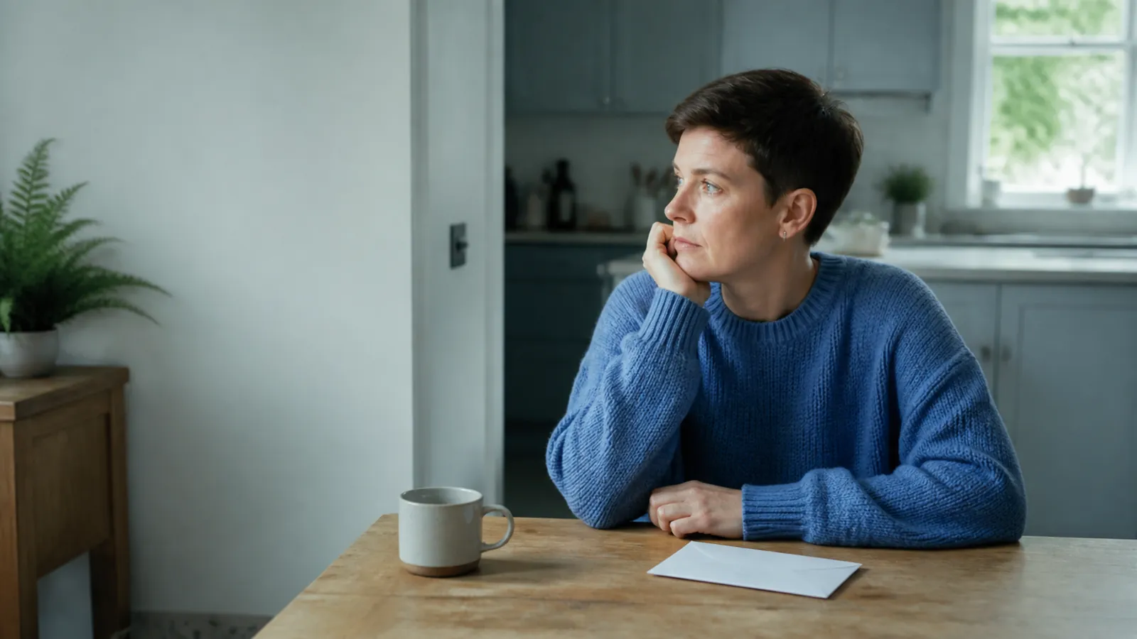 Thoughtful adult with a closed unbranded results envelope at a UK kitchen table