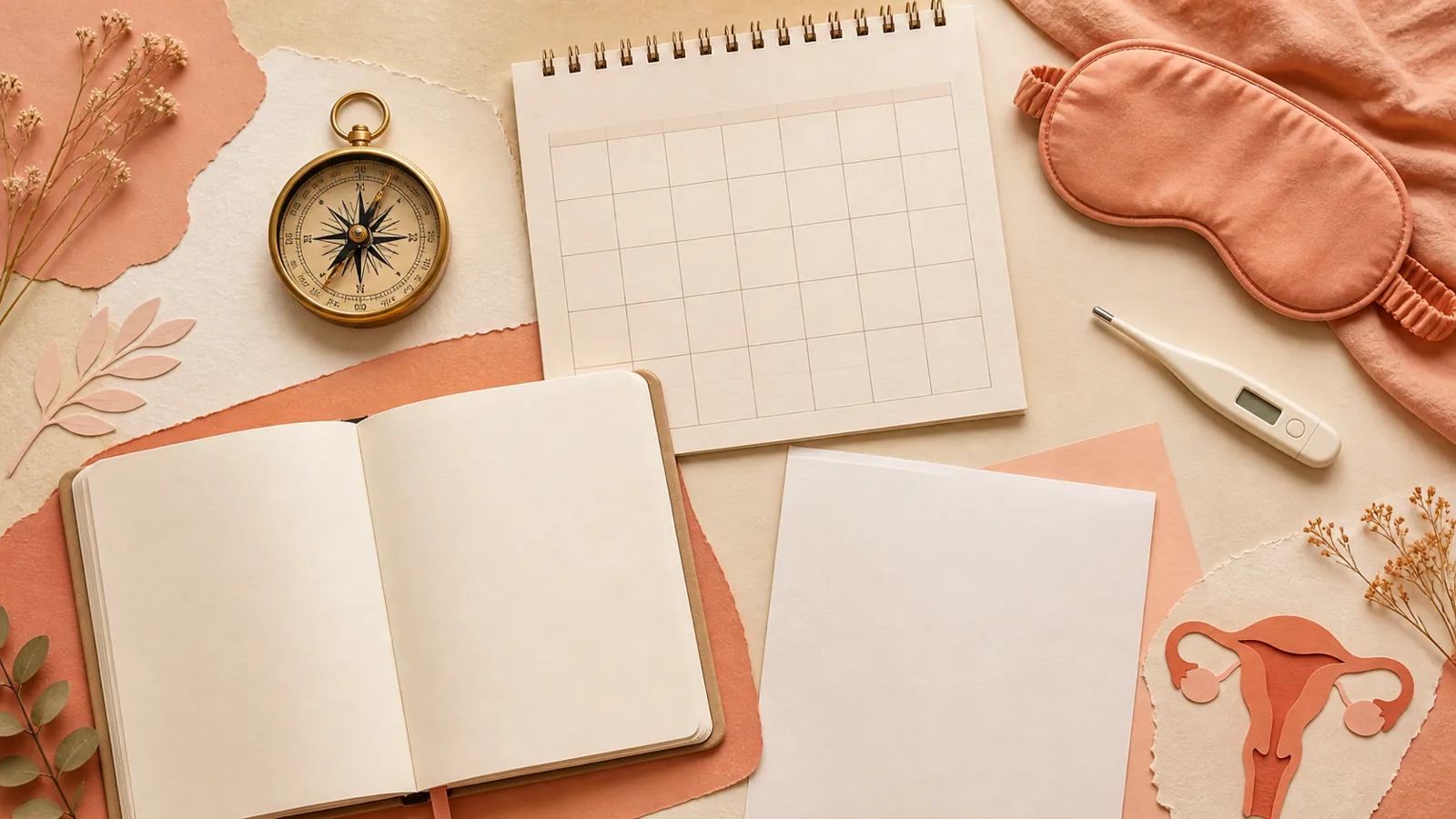 Symptom diary, calendar and everyday context objects arranged as a clinical still life