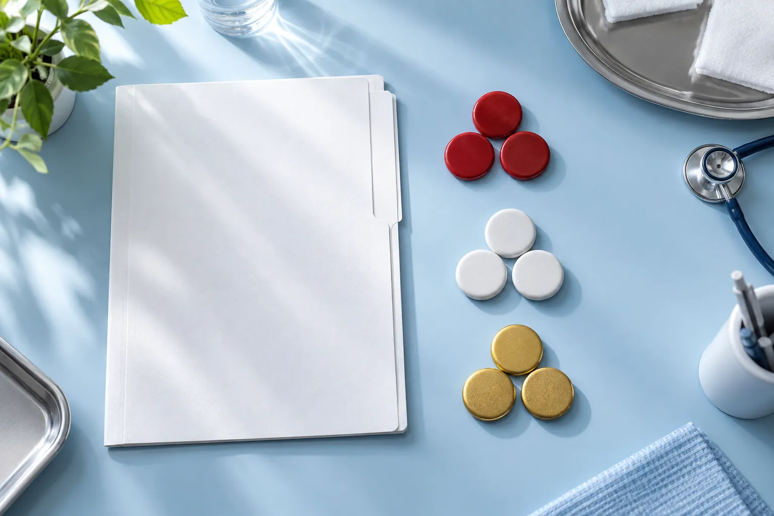 Blank report folder and ceramic discs representing blood-cell groups