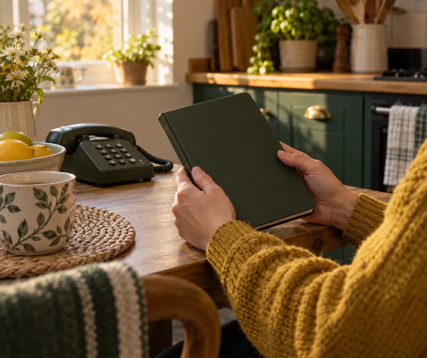 Adult preparing questions in a warm British kitchen