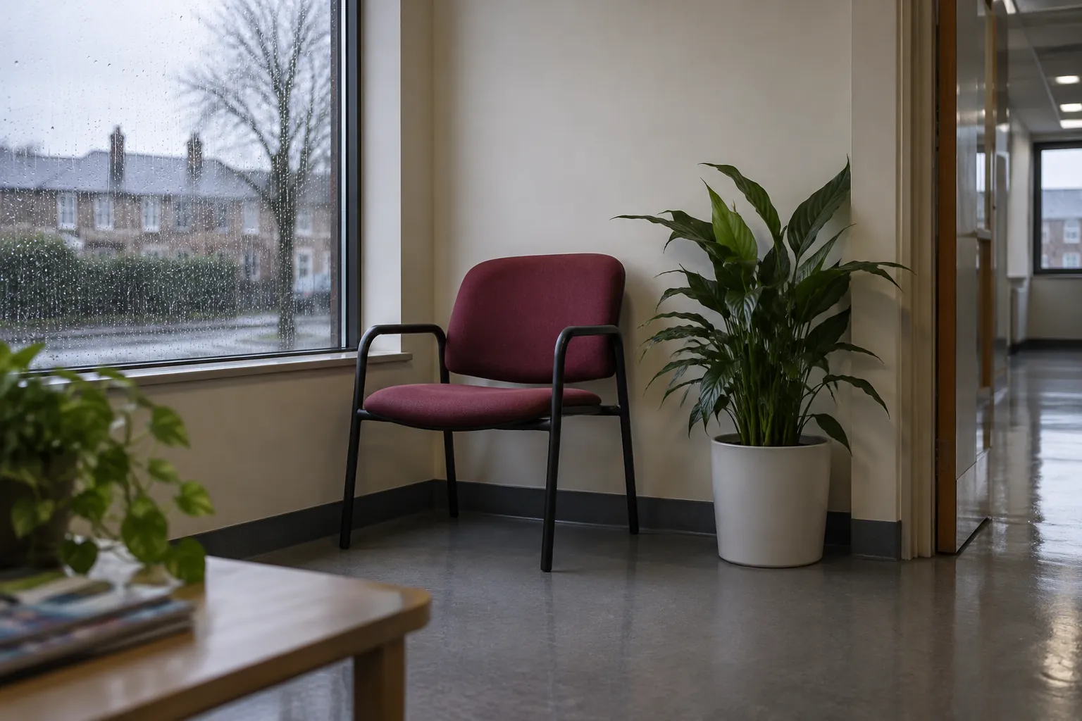 Quiet clinic waiting area in rainy daylight, not mescreen™ premises