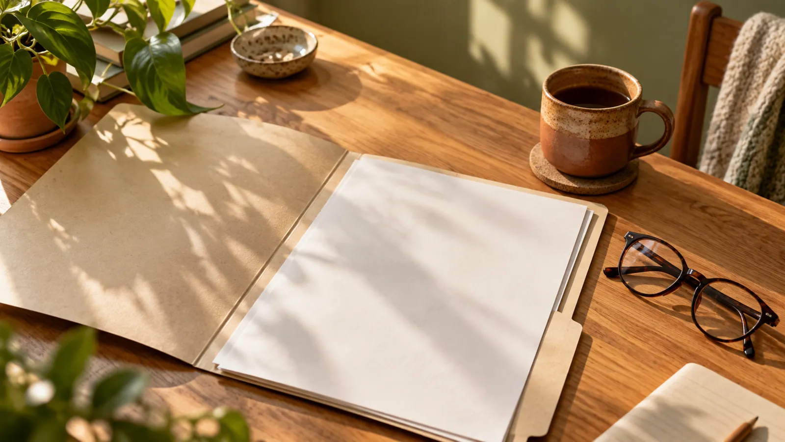 Illustrative sunlit home desk with an open folder, blank papers, reading glasses and a mug