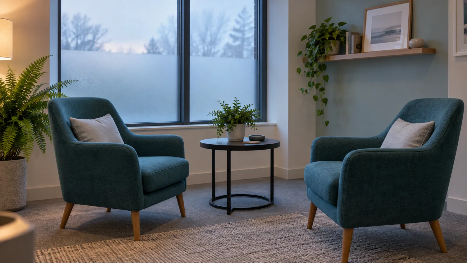 Illustrative empty consultation seating area with teal chairs and soft window light
