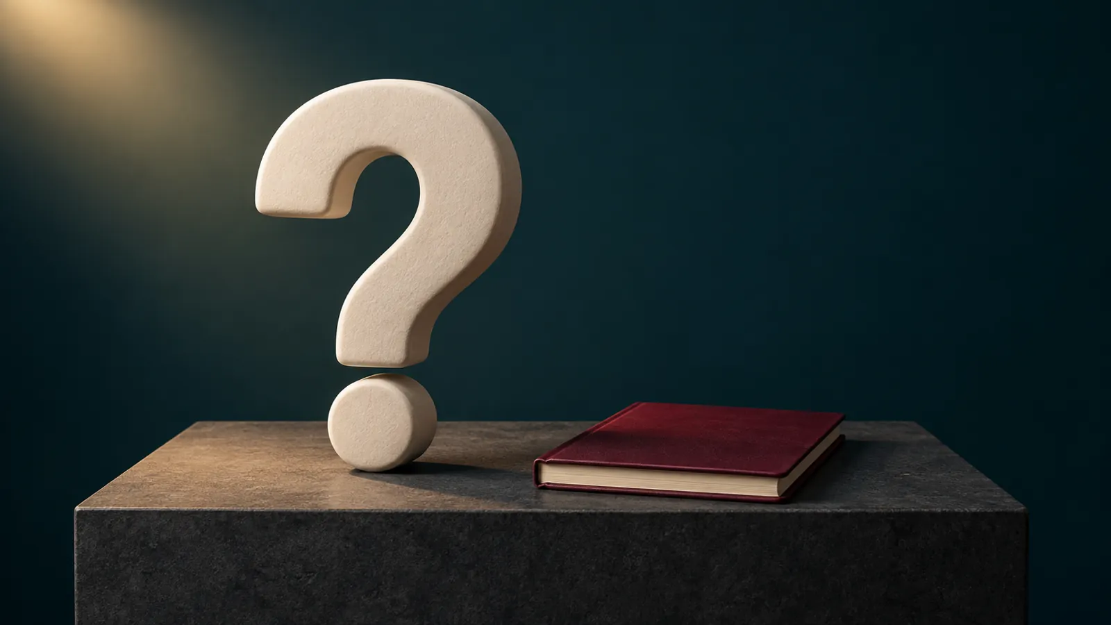 Conceptual ivory question mark and closed burgundy notebook on a dark plinth