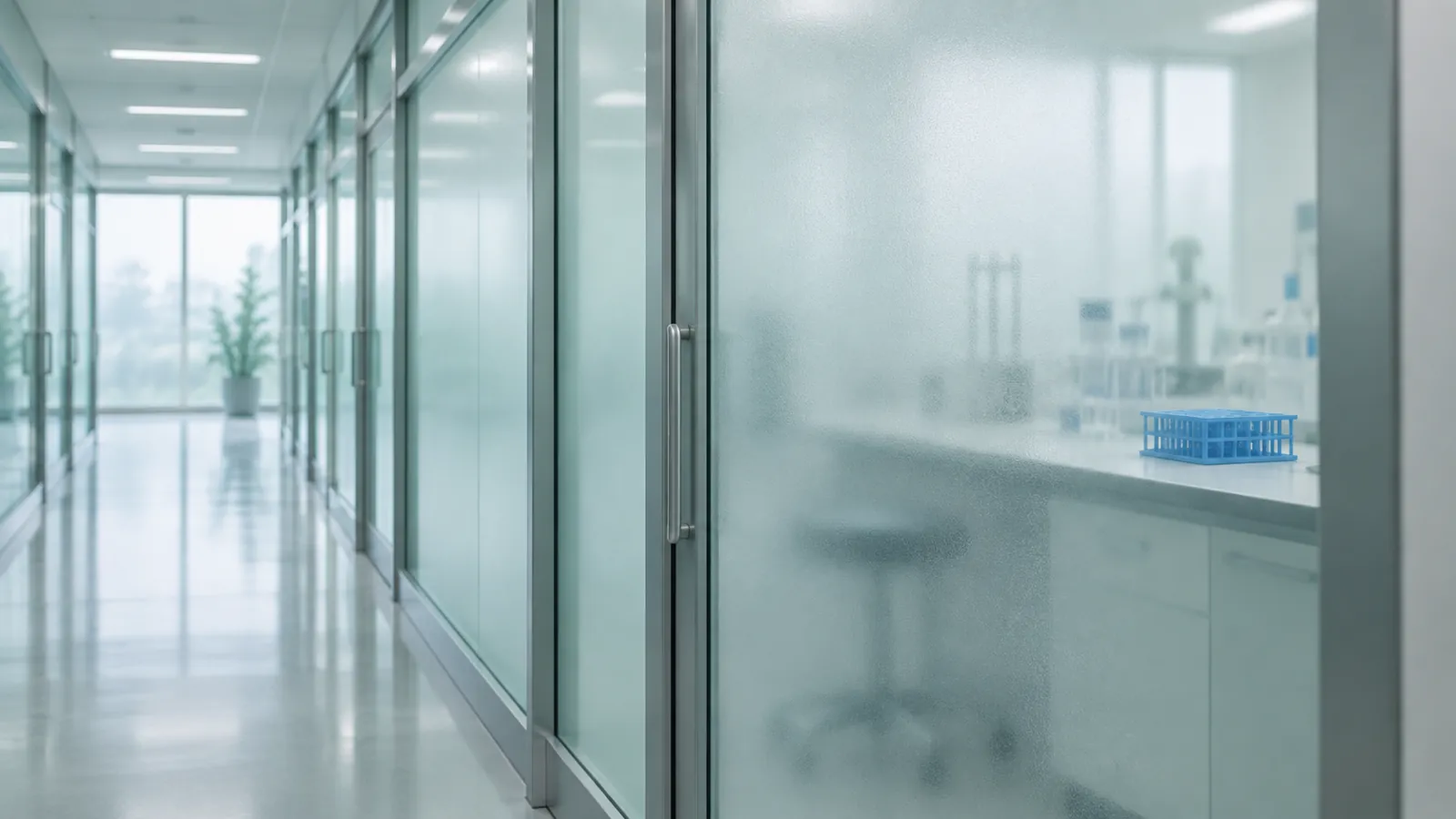 Illustrative glass-walled laboratory corridor, not a mescreen™ facility