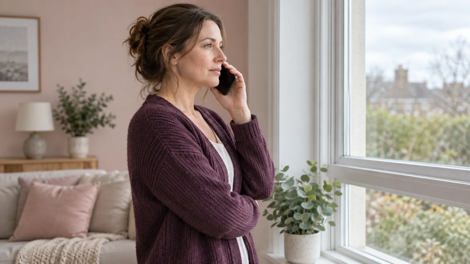 Illustrative woman making a phone call beside a sitting-room window, not a patient testimonial