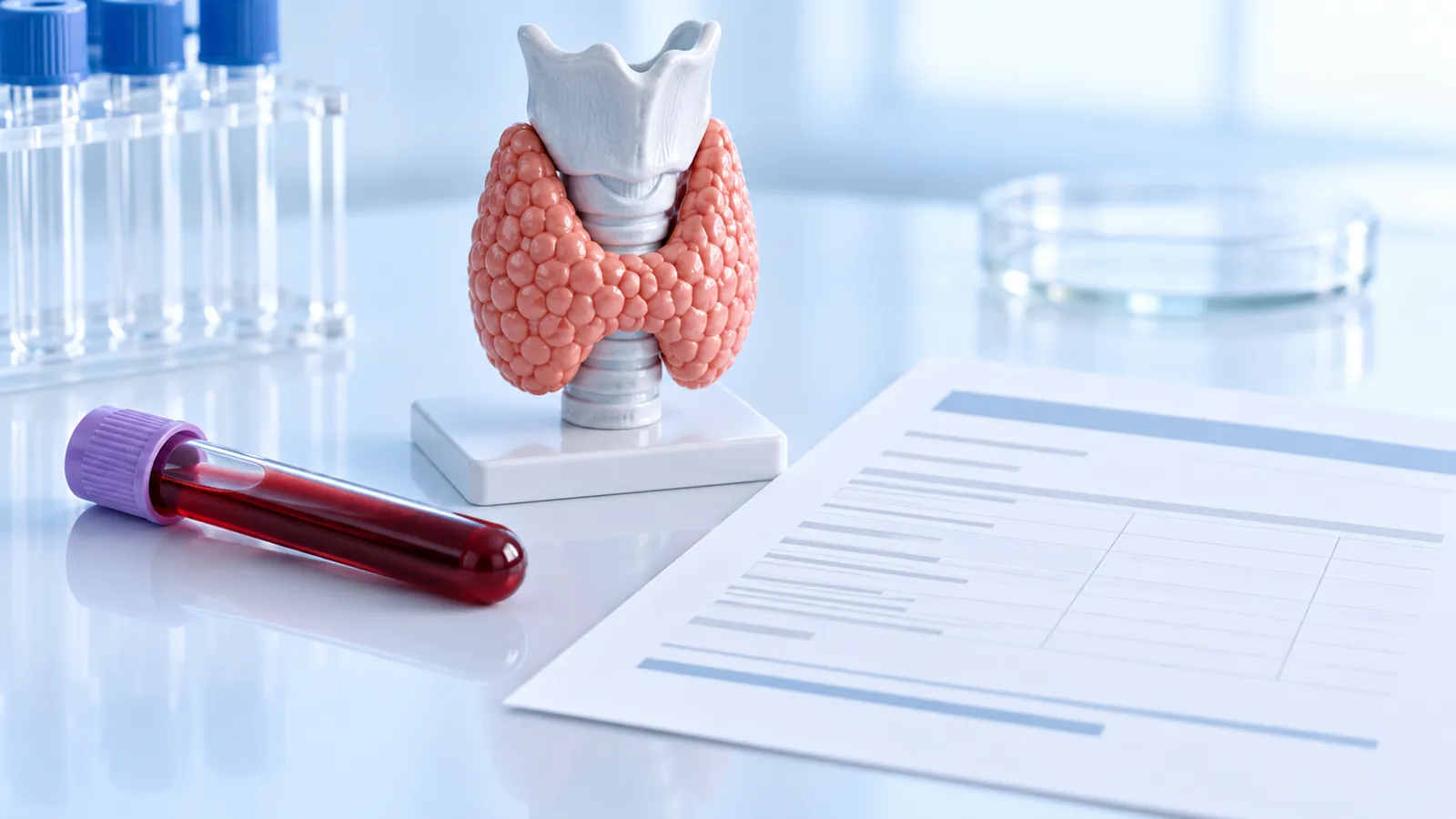 Generic thyroid model, blood tube and blank report in a neutral studio