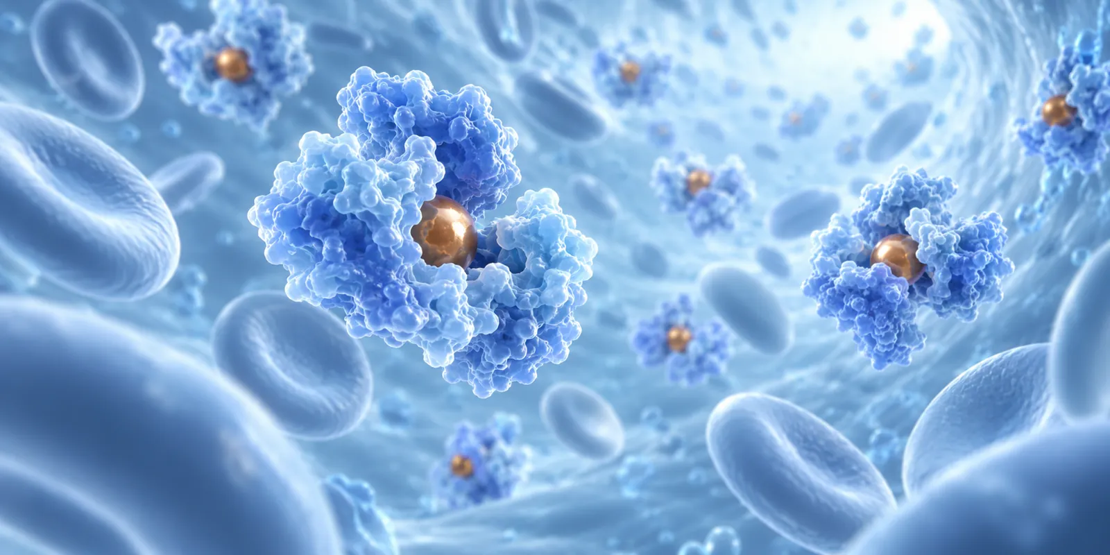 Abstract transferrin proteins carrying iron-coloured spheres