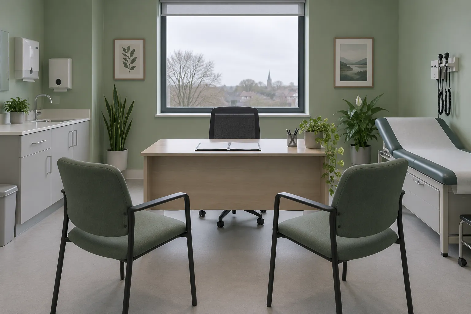 Empty UK consultation room prepared for a blood-test discussion