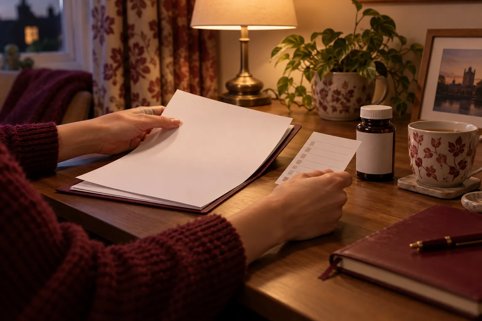 Hands organising a blank report, medicine list and supplement bottle