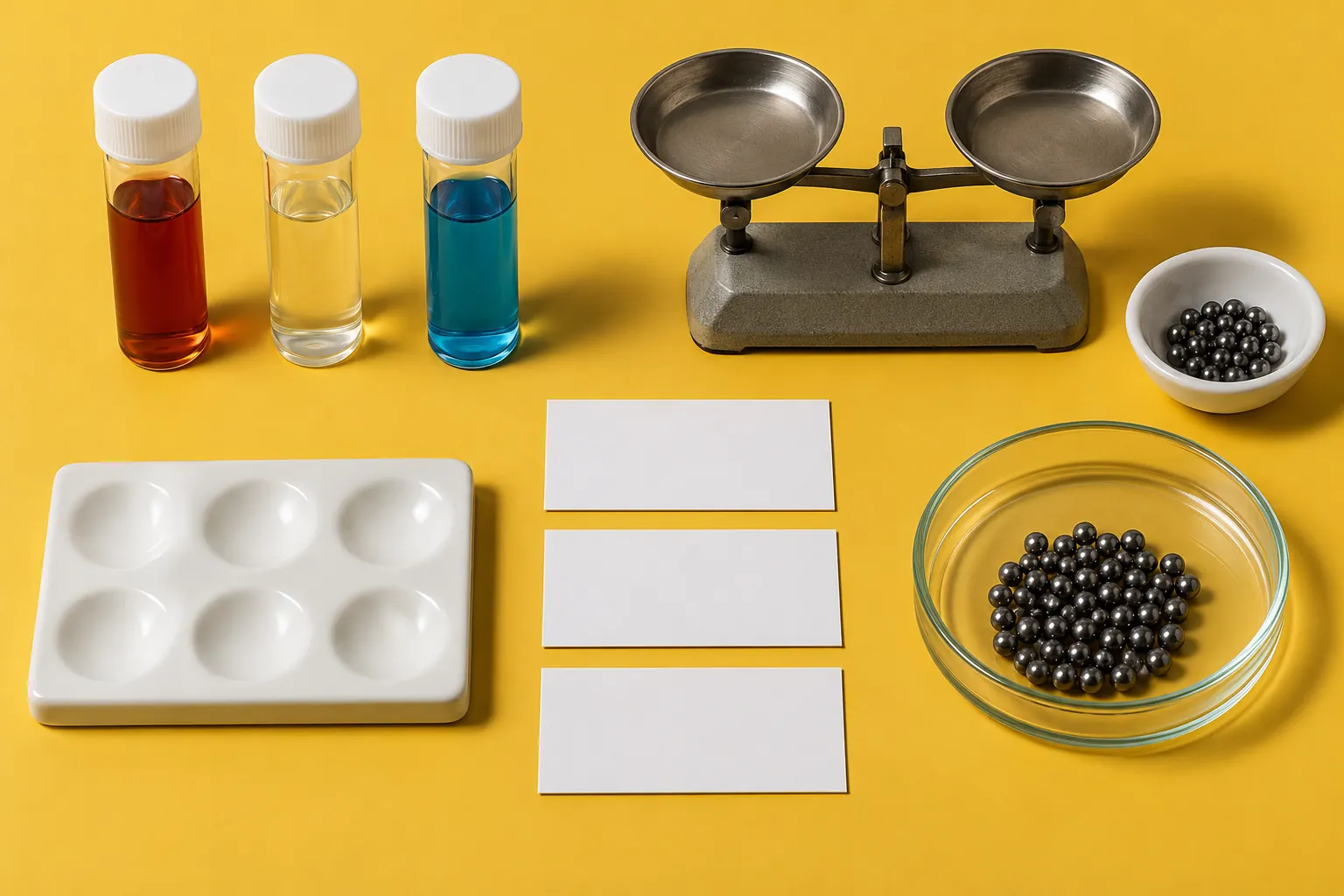Sample tubes, blank result cards and iron-coloured beads
