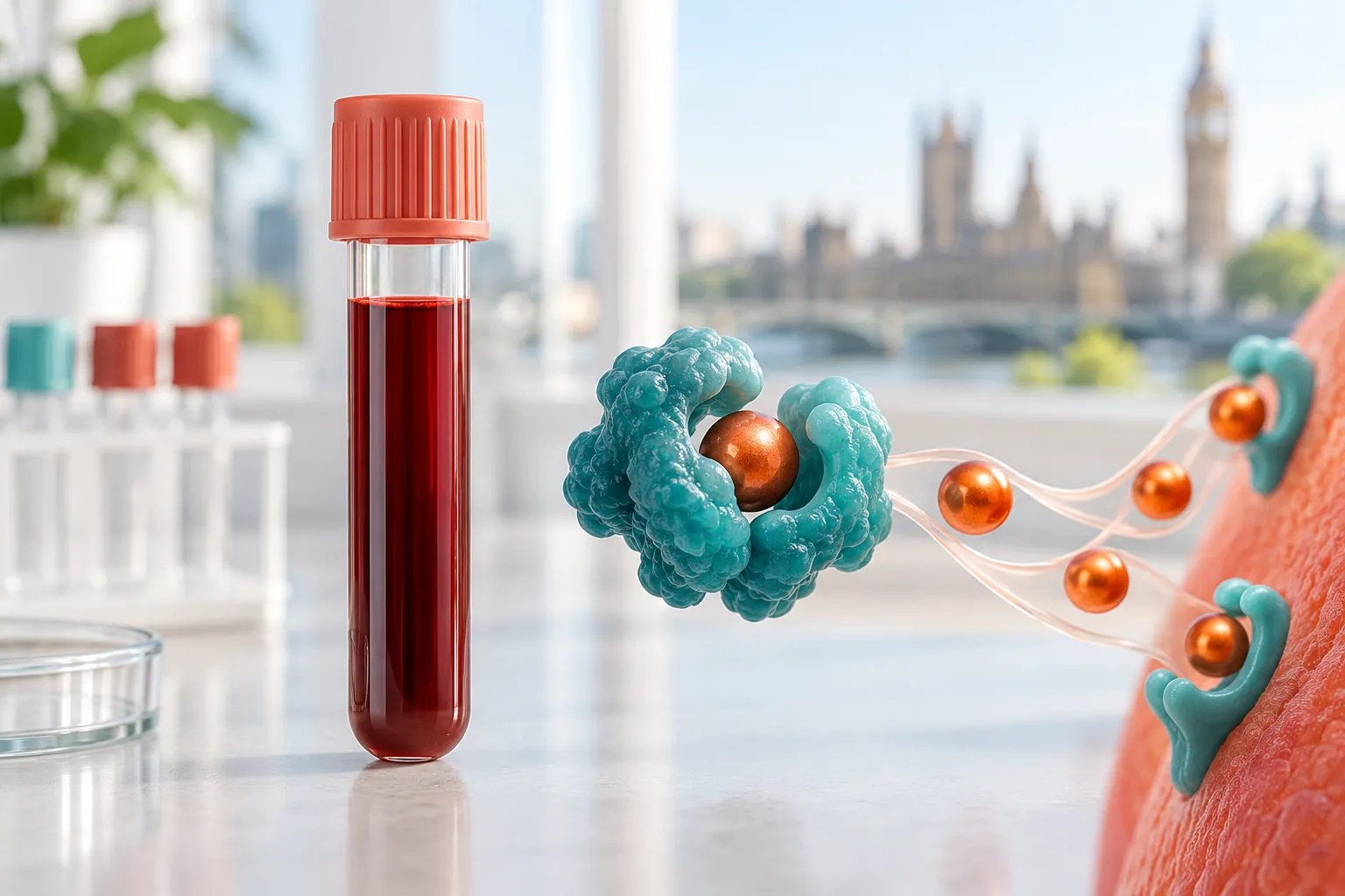 Unlabelled sample tube with abstract iron transport shapes in daylight