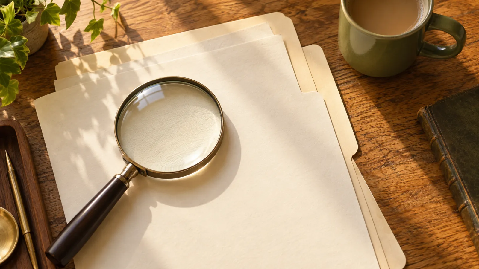 Conceptual magnifying glass over blank folders on a warmly lit home desk