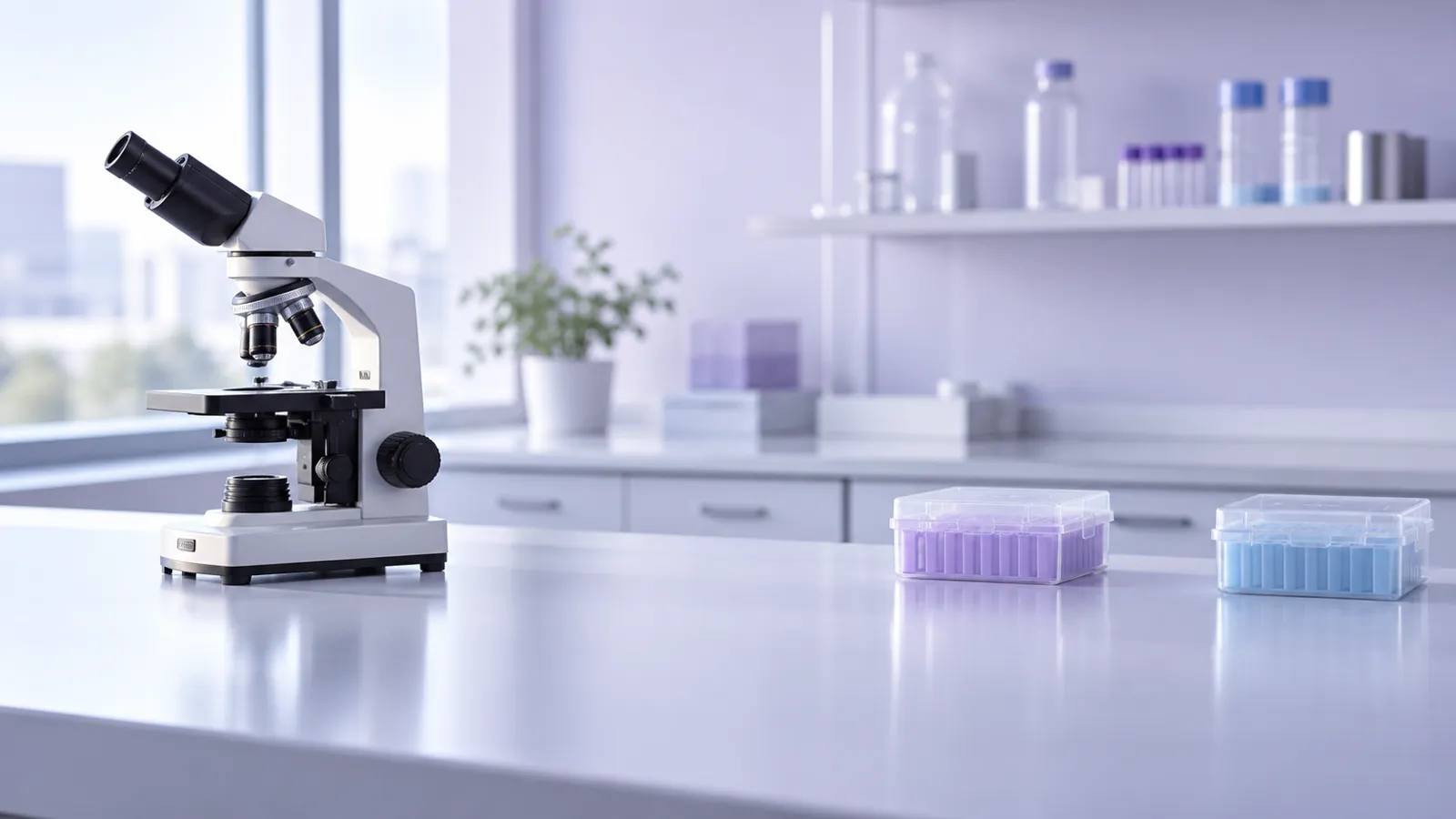 Illustrative microscope and empty racks in a generic laboratory, not a mescreen™ facility