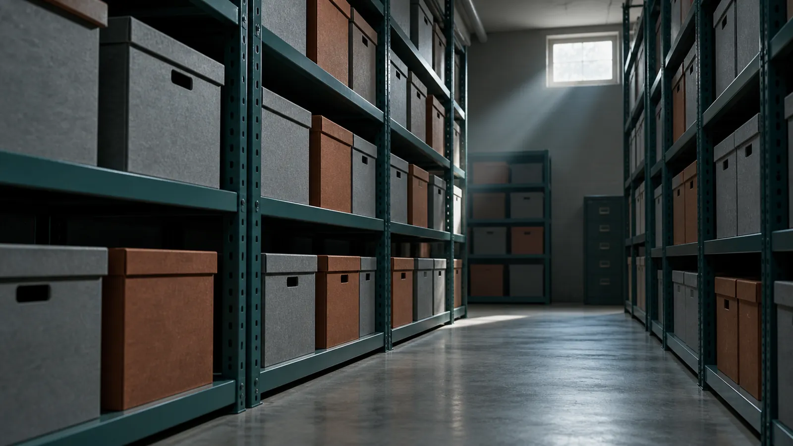 Illustrative archive shelves with unlabelled document boxes
