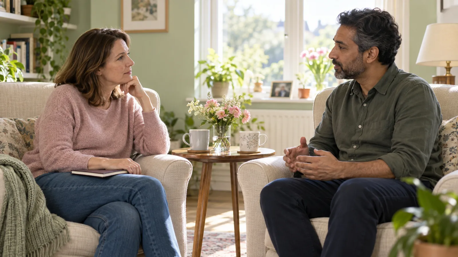 Illustrative adults having a calm conversation with a notebook, not a patient testimonial