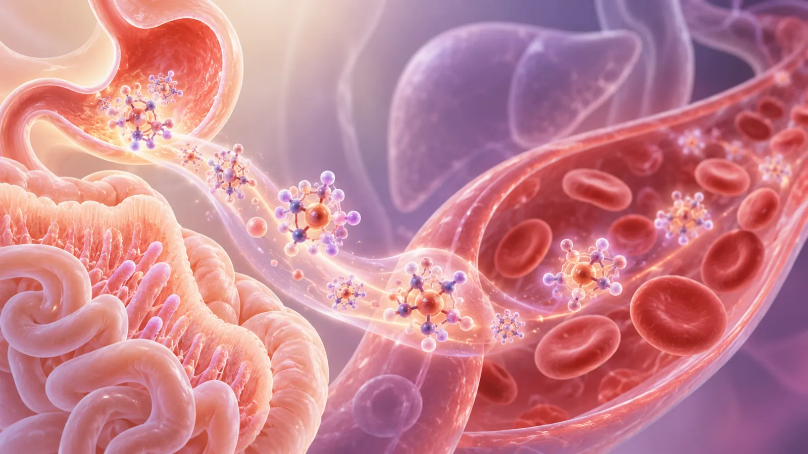 Abstract vitamin B12 molecules moving through biological pathways