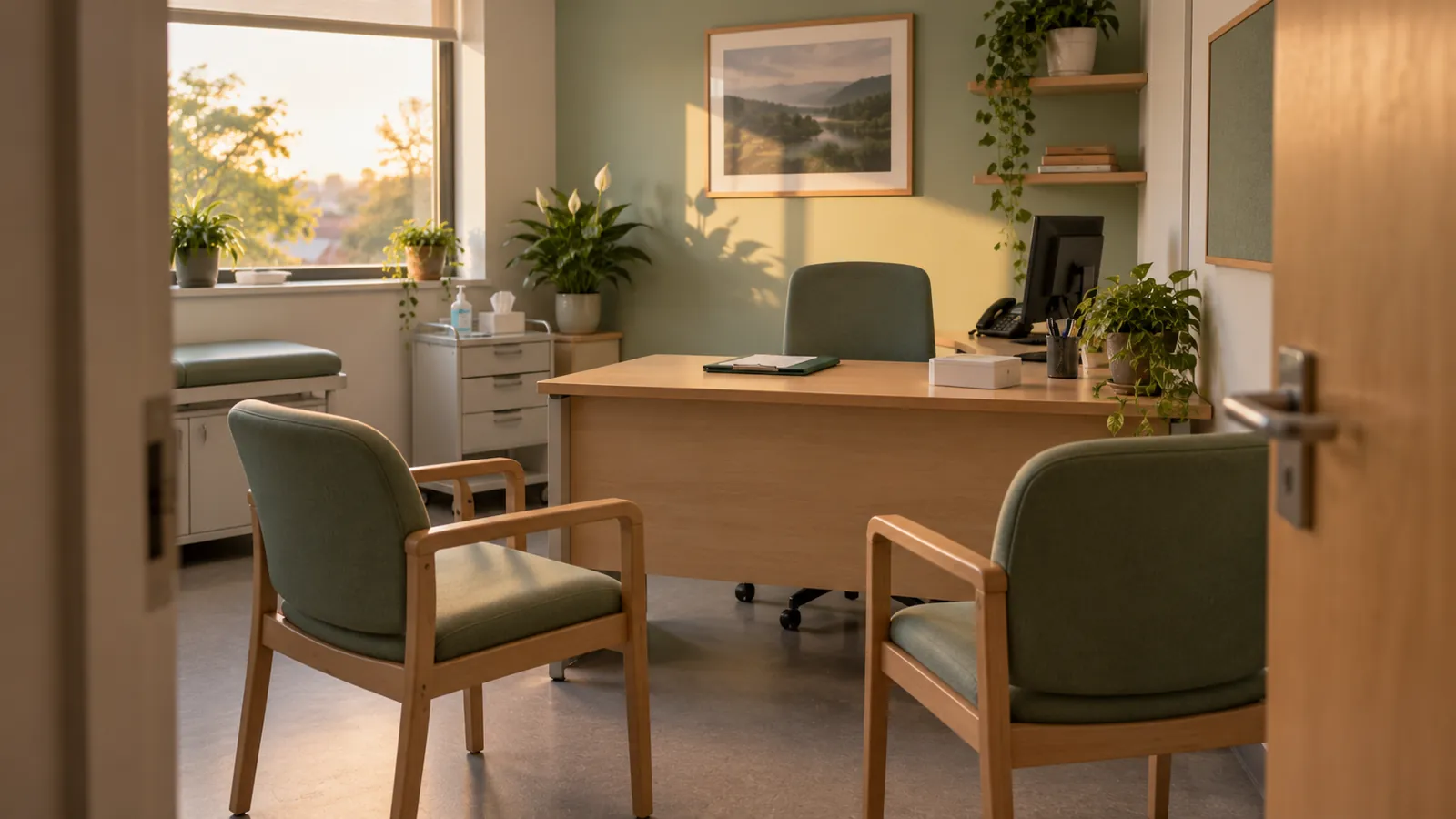 Empty UK consultation room with a blank report folder