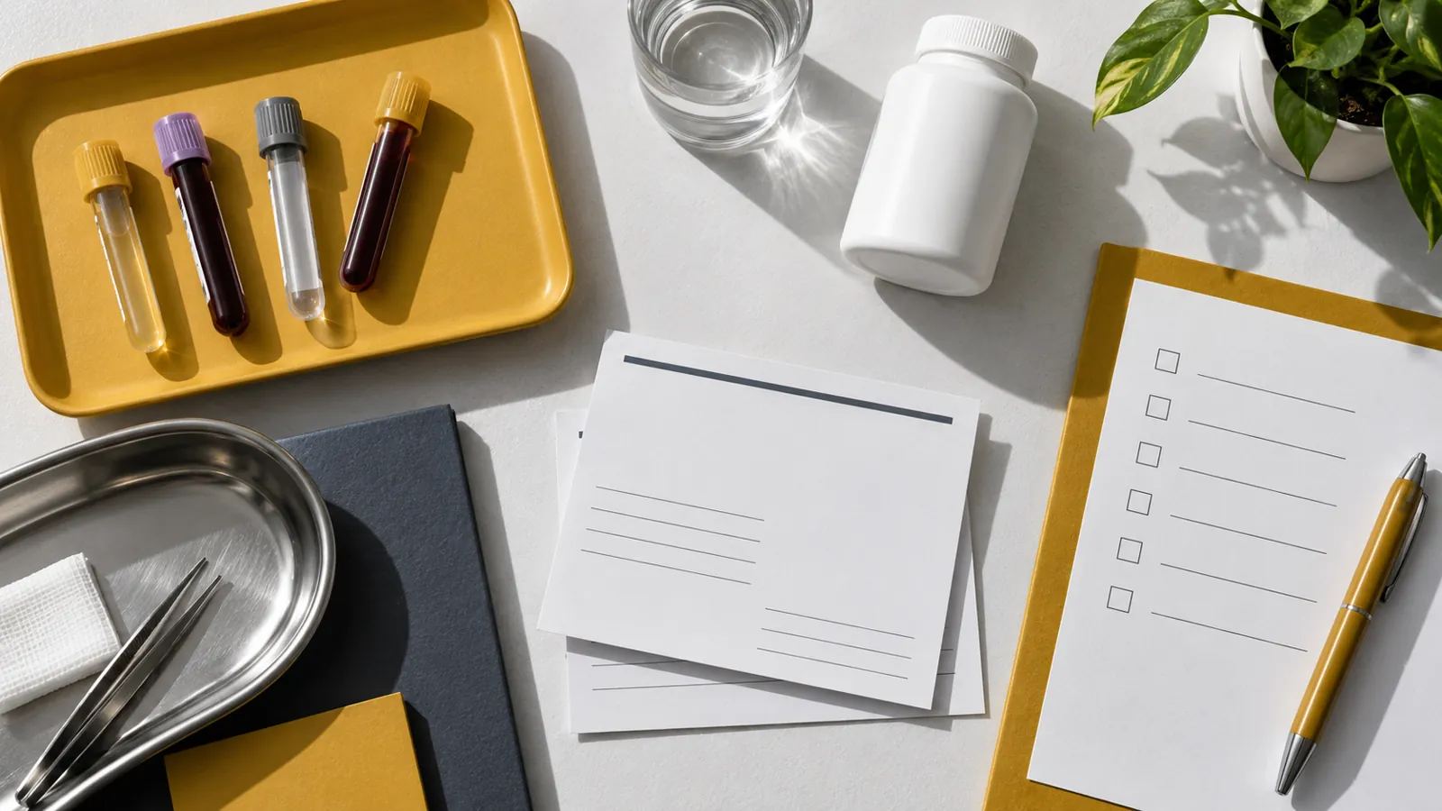 Sample tubes, blank report cards and a closed supplement bottle