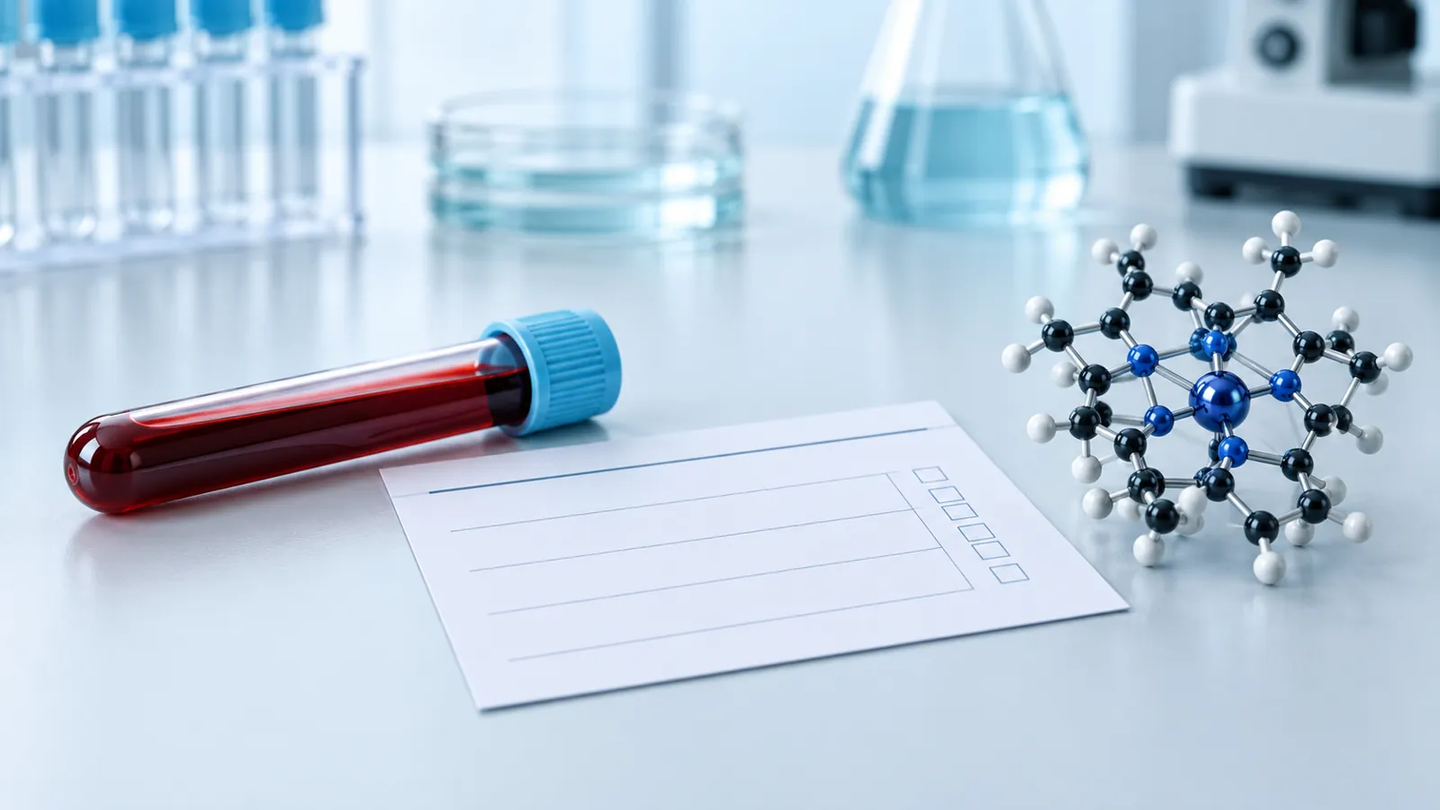 Unlabelled blood tube and blank laboratory card in a cool studio
