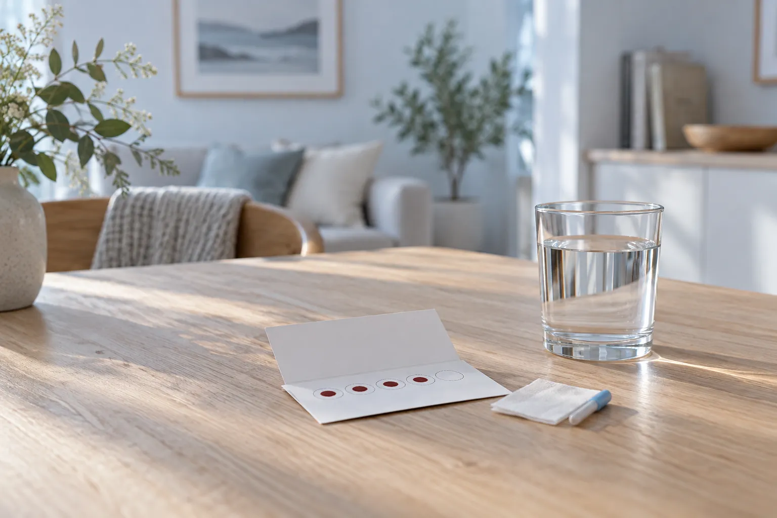 Unbranded home collection card on a pale oak table