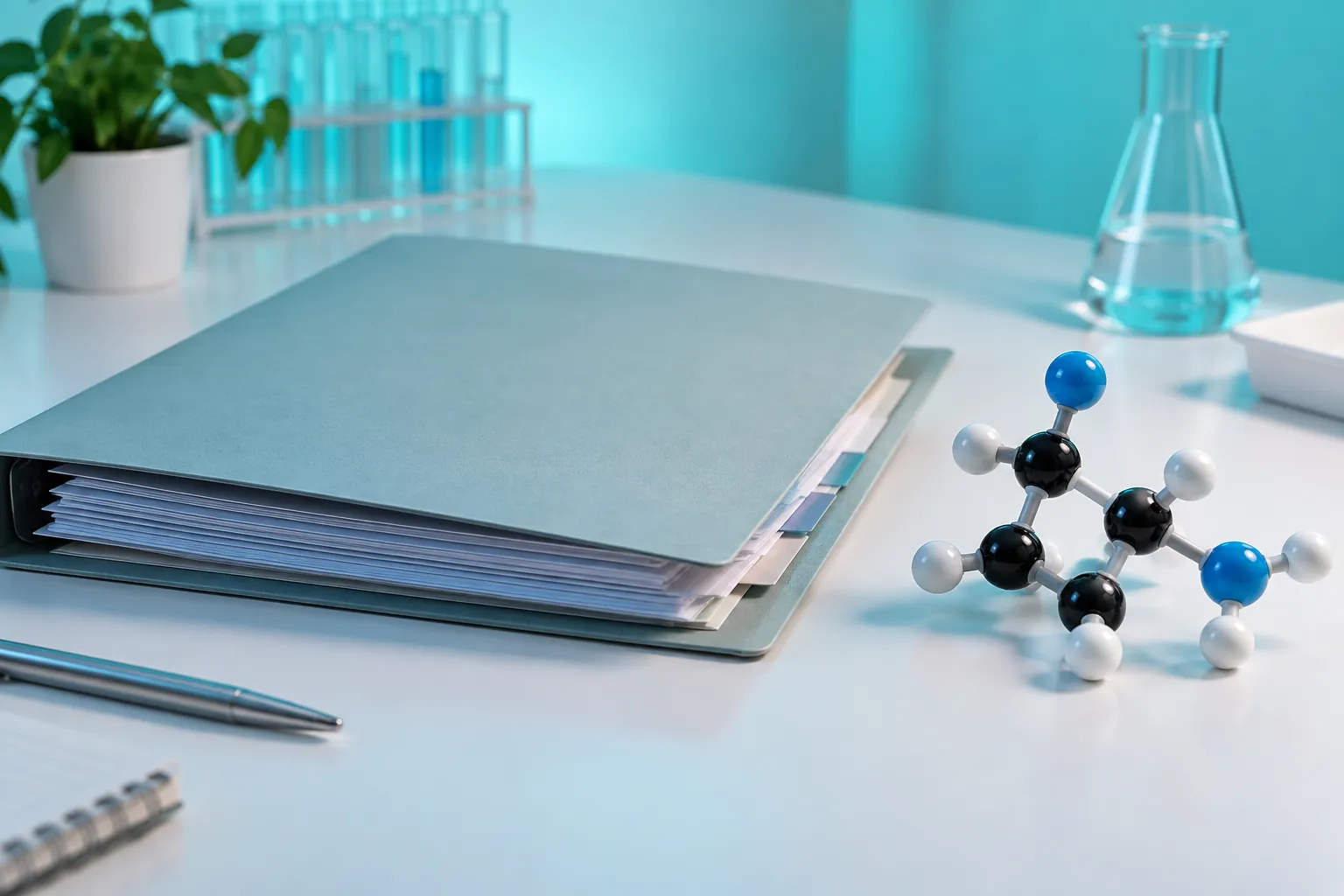 Plain report folder beside an abstract molecular model