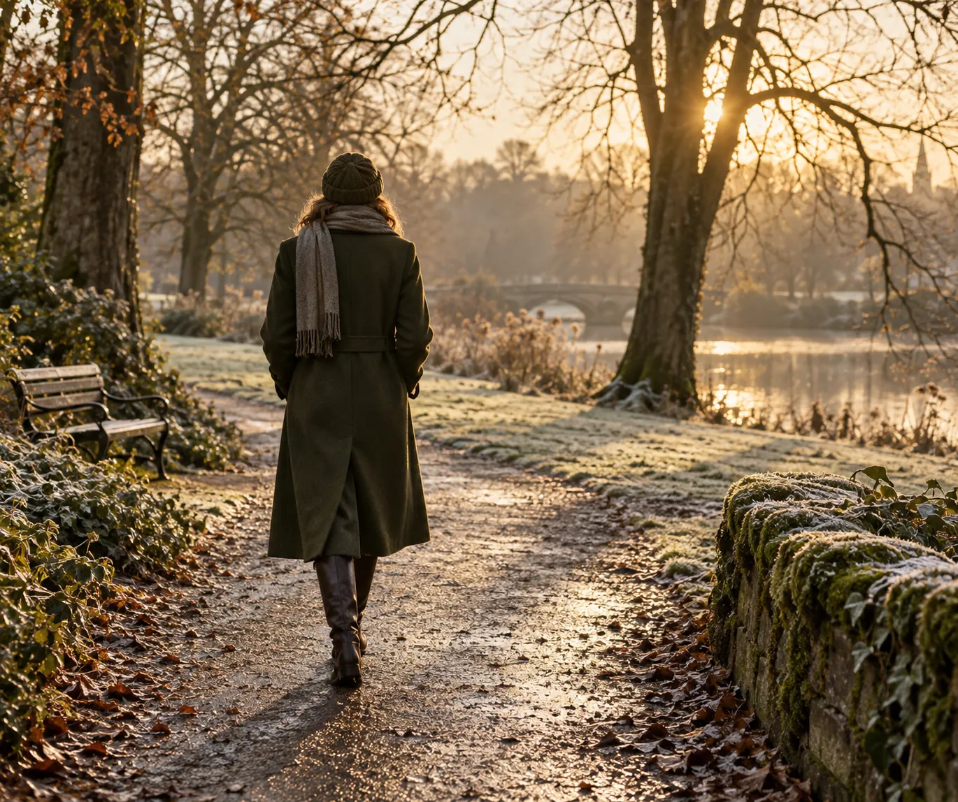 Person walking in a British park in winter