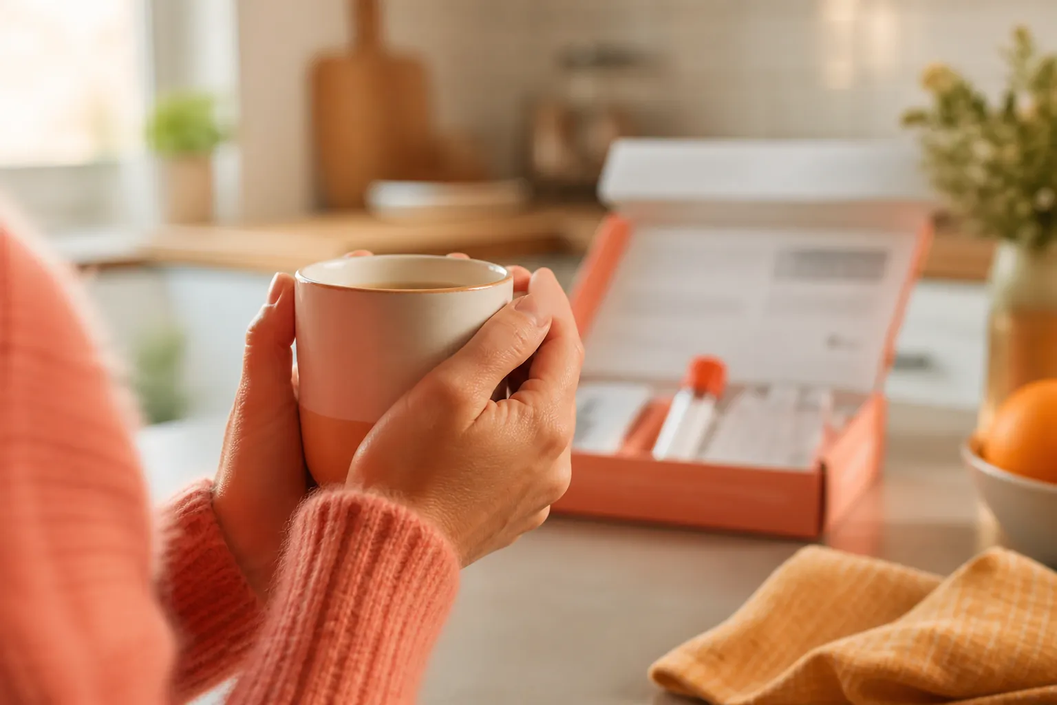 Hands warming around a mug before following home collection instructions