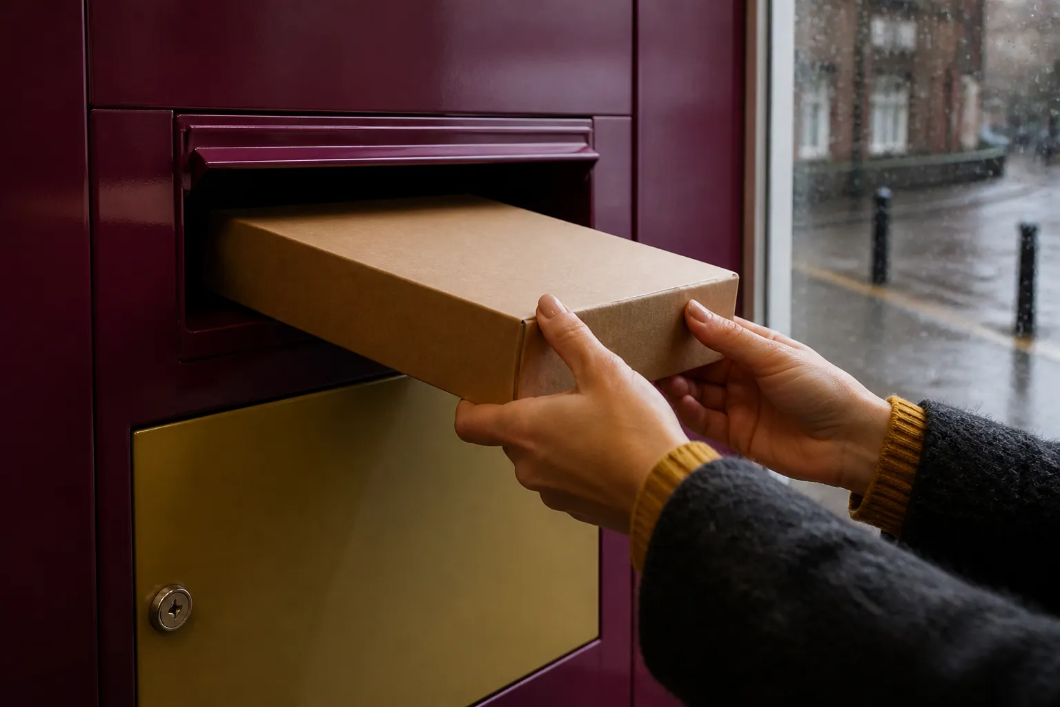 Unbranded sample return parcel being placed into a post collection slot
